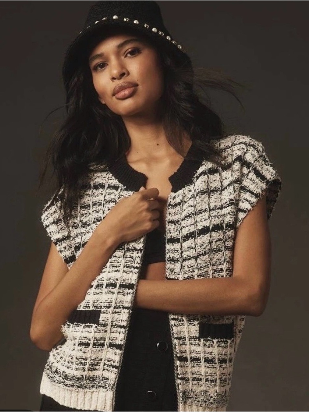 Maeve by Anthropologie tweed sweater vest black white textured knit SZ Large